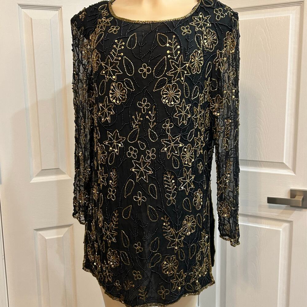 Glamorous Papell Boutique Evening Black Beaded Silk Tunic Top Size L